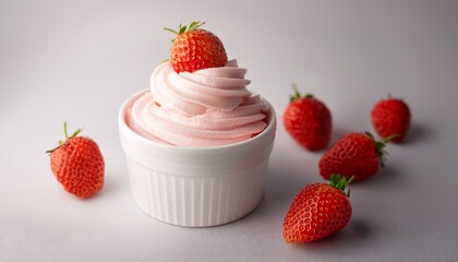 a strawberry soft serve ice cream in a plain white cup with fresh strawberries