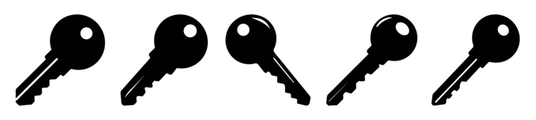 Five black key silhouettes in a row on a white background