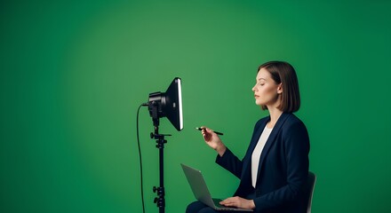 Female presenter works in a green screen studio preparing for a virtual broadcast