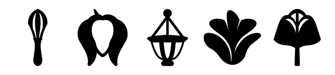 Black and white minimalist shapes including a whisk, lantern, and flowers