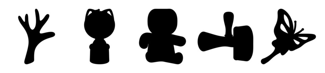 Collection of Dark Silhouette Images Including a Branch, Vase, Doll, Hammer and Butterfly