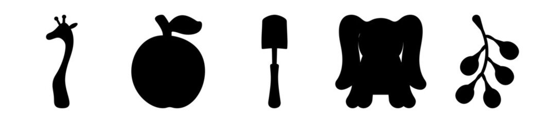 Stylized Black and White Silhouette of Animal Plant and Tool Icons