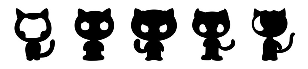 Five Silhouette Cats or Creatures on a White Background, Black and White