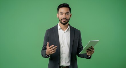 Smiling professional man holding tablet and gesturing on green screen background