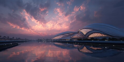 Futuristic building at sunset, reflecting in calm water. Pink and purple clouds fill the sky.