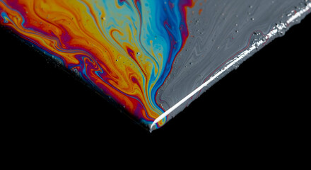 Iridescent swirls and patterns on soap film with a black background provide mesmerizing visual
