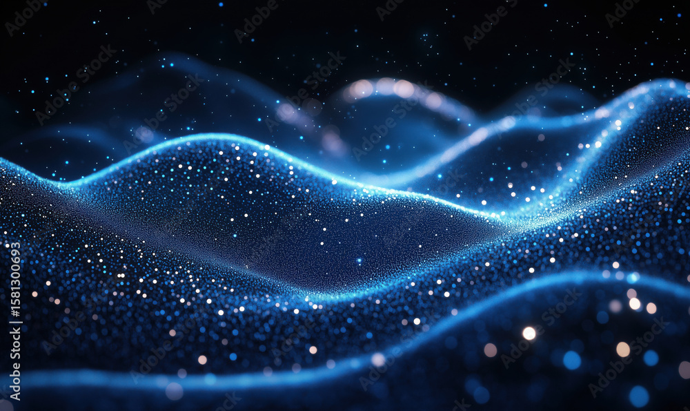 Poster abstract blue wave patterns with glowing particles and bokeh effects in dark background.