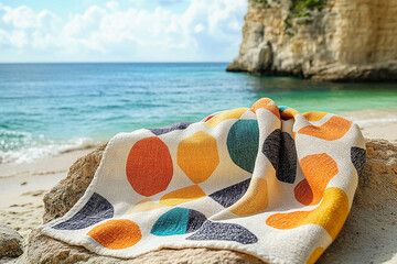 Retro style. Beach towel with bold geometric patterns in summer beach.  Close-up.