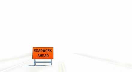 Isolated Roadwork Ahead Sign on a White Asphalt Road Warning of Construction Ahead Offering Safety and Caution for Drivers