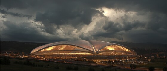 Illuminated stadium under a dramatic, stormy sky.