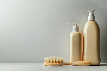 Brush next to a beige detergent bottles on a white background. Commercial use and eco-friendly trends.