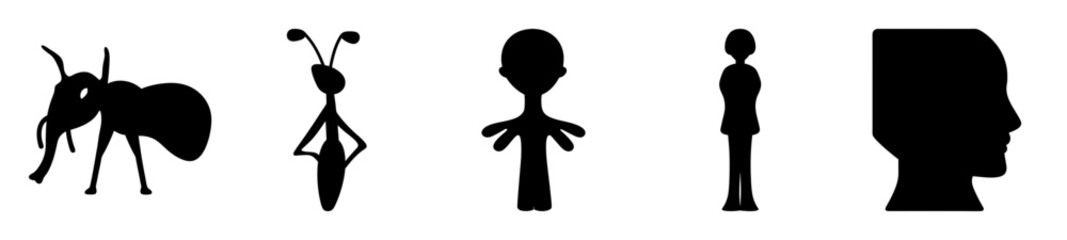 Abstract Silhouettes of Ant, Alien, Humanoid Figure, and Human Head