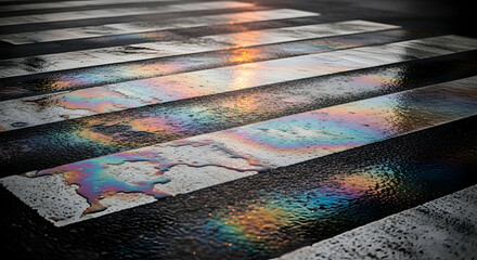 Iridescent Slick Reflections on Asphalt Zebra Crossing in an Urban Environment
