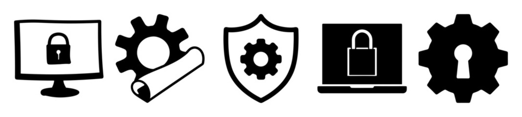 Stylized symbols depict information technology security and protection concept, black and white