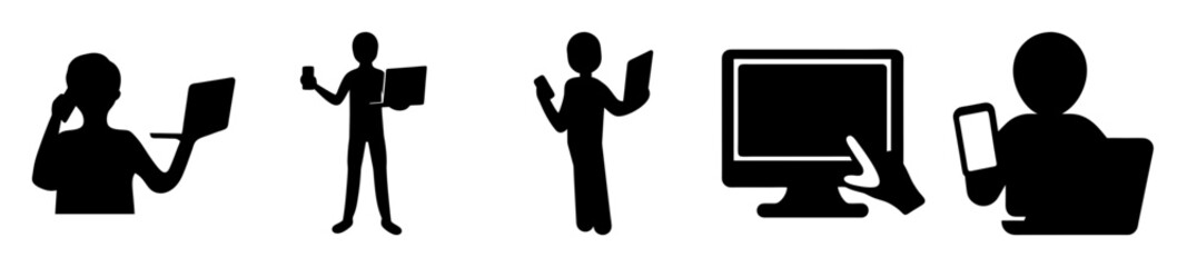 Black and white silhouette illustrations depicting people interacting with technology devices