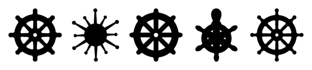 Black silhouettes of five different ship wheels arranged horizontally on white