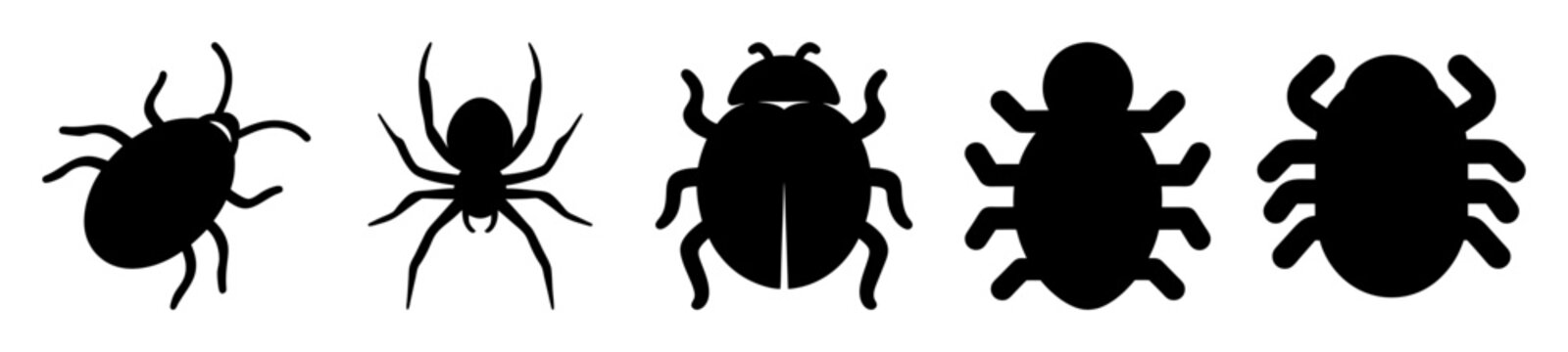 Various insect silhouettes in a row for graphic design and nature studies