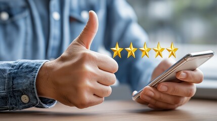 Five star mobile rating with thumbs up gesture showing positive customer feedback and satisfaction review in digital service, Generative AI