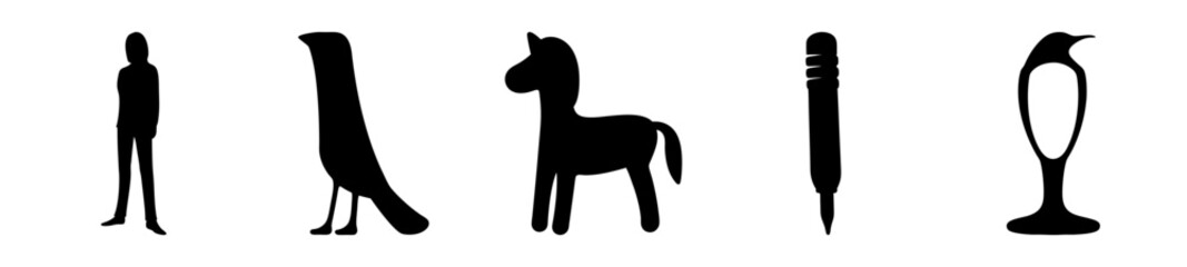 Silhouette representations of a human, bird, horse, spear, and penguin