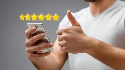 Five star mobile rating with thumbs up gesture showing positive customer feedback and satisfaction review in digital service, Generative AI