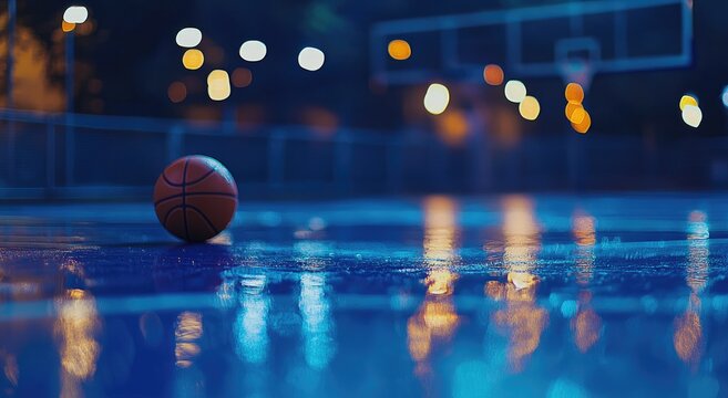 A basketball rests on a wet outdoor court at night. Bokeh lights blur the background, highlighting a basketball court