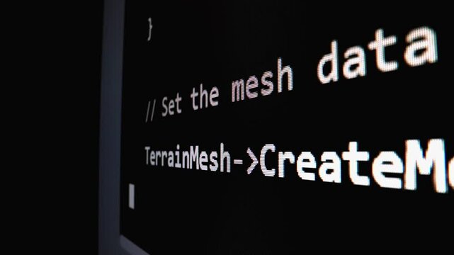Closeup macro shot movement of coding script moving across LED screen with real-time AI-generated typing, showcasing advanced AI learning in optimization, debug and coding for software development.