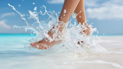 Bare feet playfully splashing in crystal clear ocean water on a sunny tropical beach representing freedom and summer joy, Generative AI