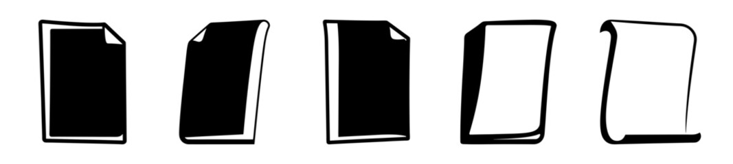 Five Stylized Paper Sheet Icons in Black and White, Representing Documents