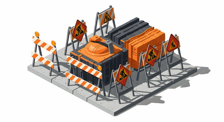 Isometric Depiction Of Construction Site With Traffic Barriers And Warning Signs