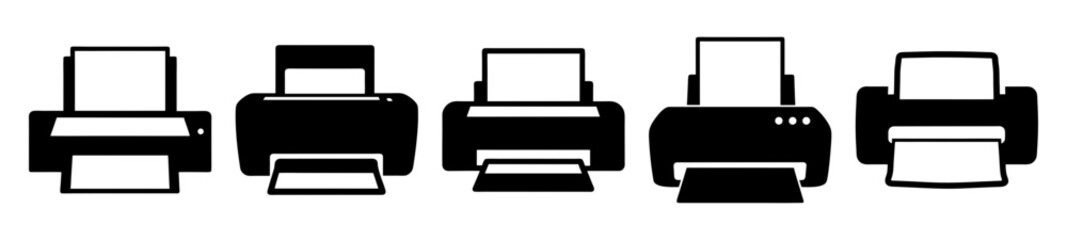 Different types of printers shown in a clean black and white design