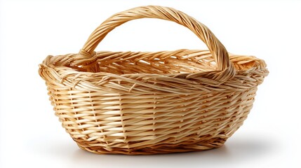 Empty handmade wicker basket with natural weave design and curved handle ideal for rustic storage or decoration, Generative AI