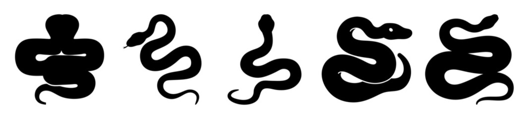 Five silhouettes of snakes in various poses isolated on a white background