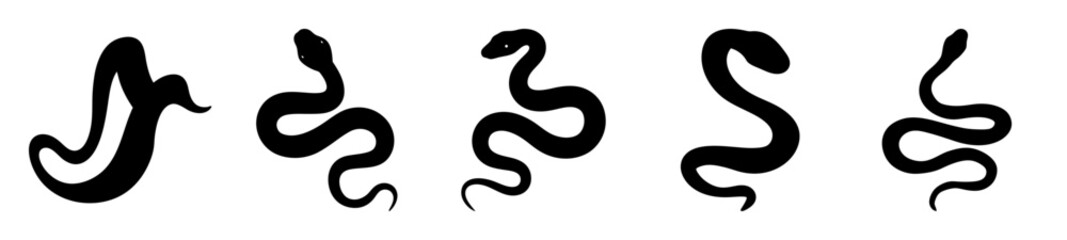 Stylized Black Snakes Silhouettes on a White Background Crawling and Coiled