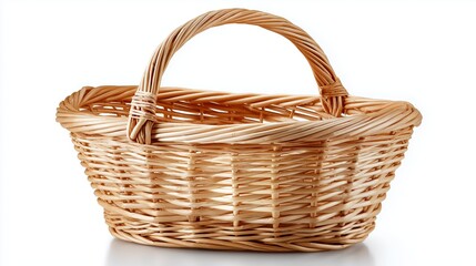 Empty handmade wicker basket with natural weave design and curved handle ideal for rustic storage or decoration, Generative AI