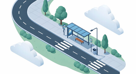Isometric Illustration of a Winding Road with Bus Stop and Urban Elements