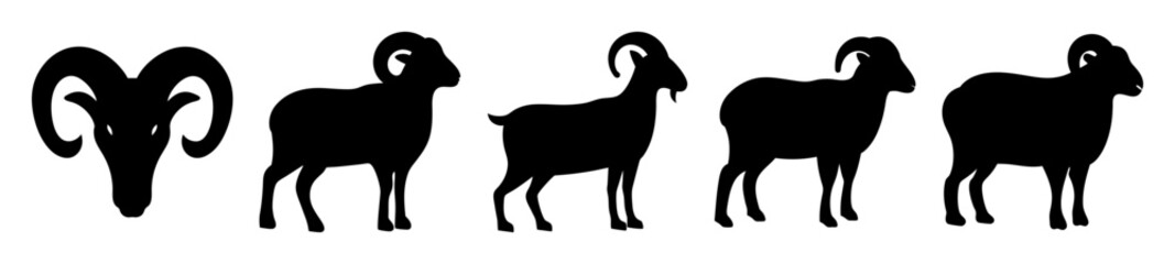 Silhouette Array of Diverse Rams, Illustrating Various Horn Styles and Profiles