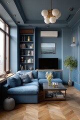Fototapeta premium Cozy living room with blue furniture and elegant interior decor elements