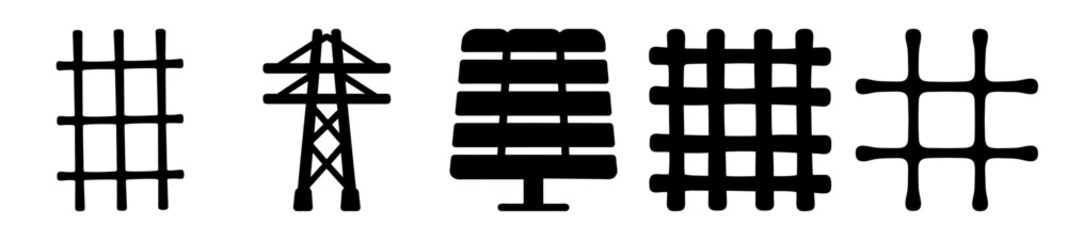 Collection of Five Stylized Black and White Lattice Structures and an Electrical Tower