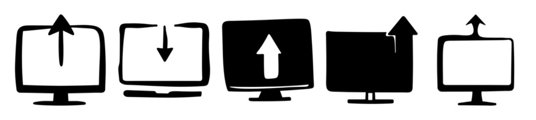 Various computer screen icons illustrating upload and download processes in simple design