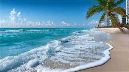 Tropical beach with blue ocean waves and palm trees near coastal buildings creating a luxurious sunny vacation paradise, Generative AI