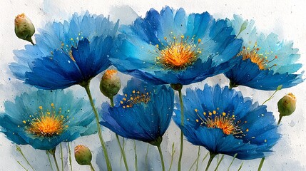 Delicate Cornflower and Wildflower Watercolor Bouquet on White Canvas