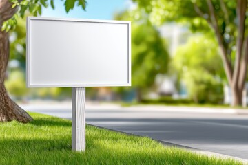 Blank white property sign in a lush green yard perfect for real estate advertisement or outdoor marketing messages, Generative AI