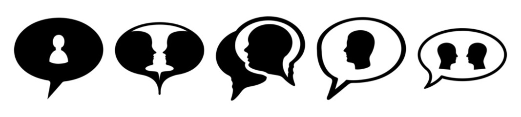 Illustrations of speech bubbles containing a variety of heads and silhouettes