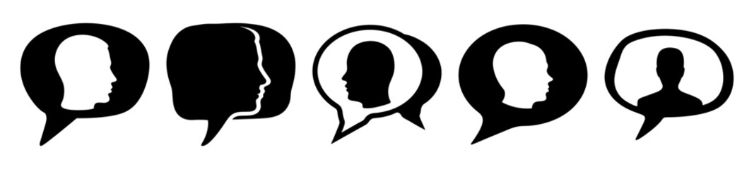 A series of abstract conversation bubbles illustrating different head profiles styles