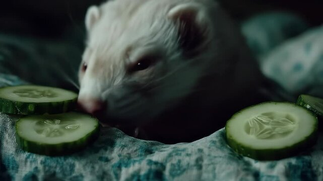 Sleeping ferret with cucumber slices rests on patterned fabric.