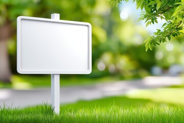 Blank white real estate signboard in green garden landscape ready for sale or marketing message placement outdoors, Generative AI