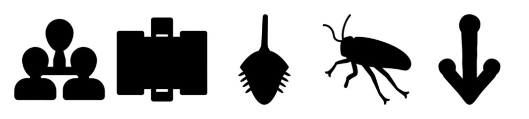 A variety of black abstract glyph icons representing various concepts