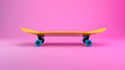 A vibrant yellow skateboard captured at a dynamic angle against a gradient background with motion effects.