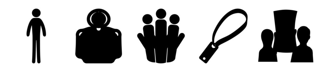 Simple black and white pictogram representation of various people and objects