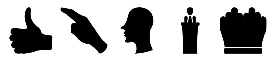 Black icons representing thumbs up, pointing finger, head profile, podium, crowd